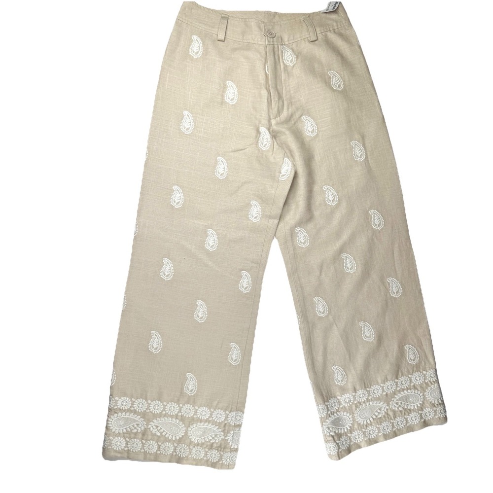 NWT Ladies 4 Elie Tahari Linen Blend Tan Embroider Wide Leg Hi Rise Ankle Pants
